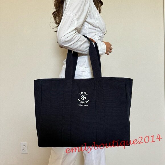NWT Tory Burch 156476 Canvas Tote Warm Night Midnight Blue Navy Large Logo Bag - Picture 1 of 9
